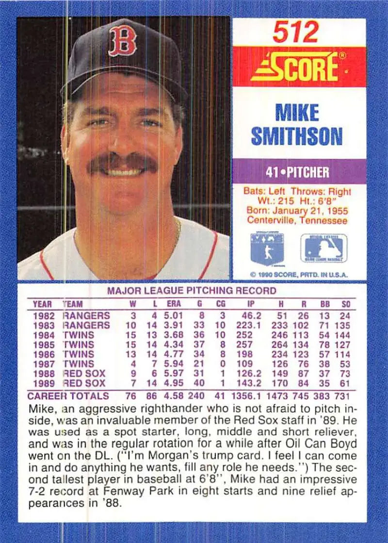 1990 Score #512 Mike Smithson EX Excellent Boston Red Sox Baseball Card - Baseball Card Single
