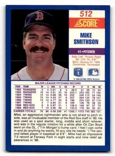 Original gloss 1990 Score Mike Smithson baseball card featuring Mike Smithson and Simply Sandoval