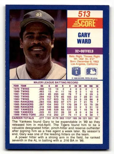1990 Score #513 Gary Ward Detroit Tigers Baseball Cards EX/NM ID:64401 - Baseball Card Single