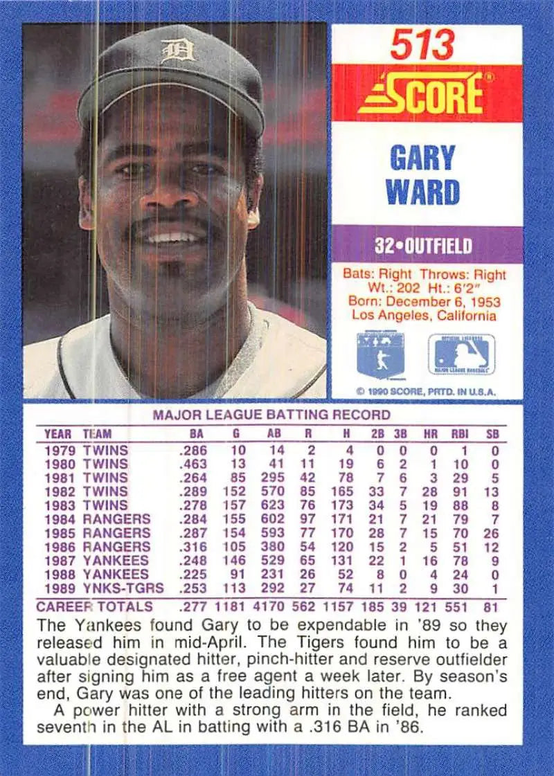 1990 Score #513 Gary Ward EX Excellent Detroit Tigers Baseball Card - Baseball Card Single
