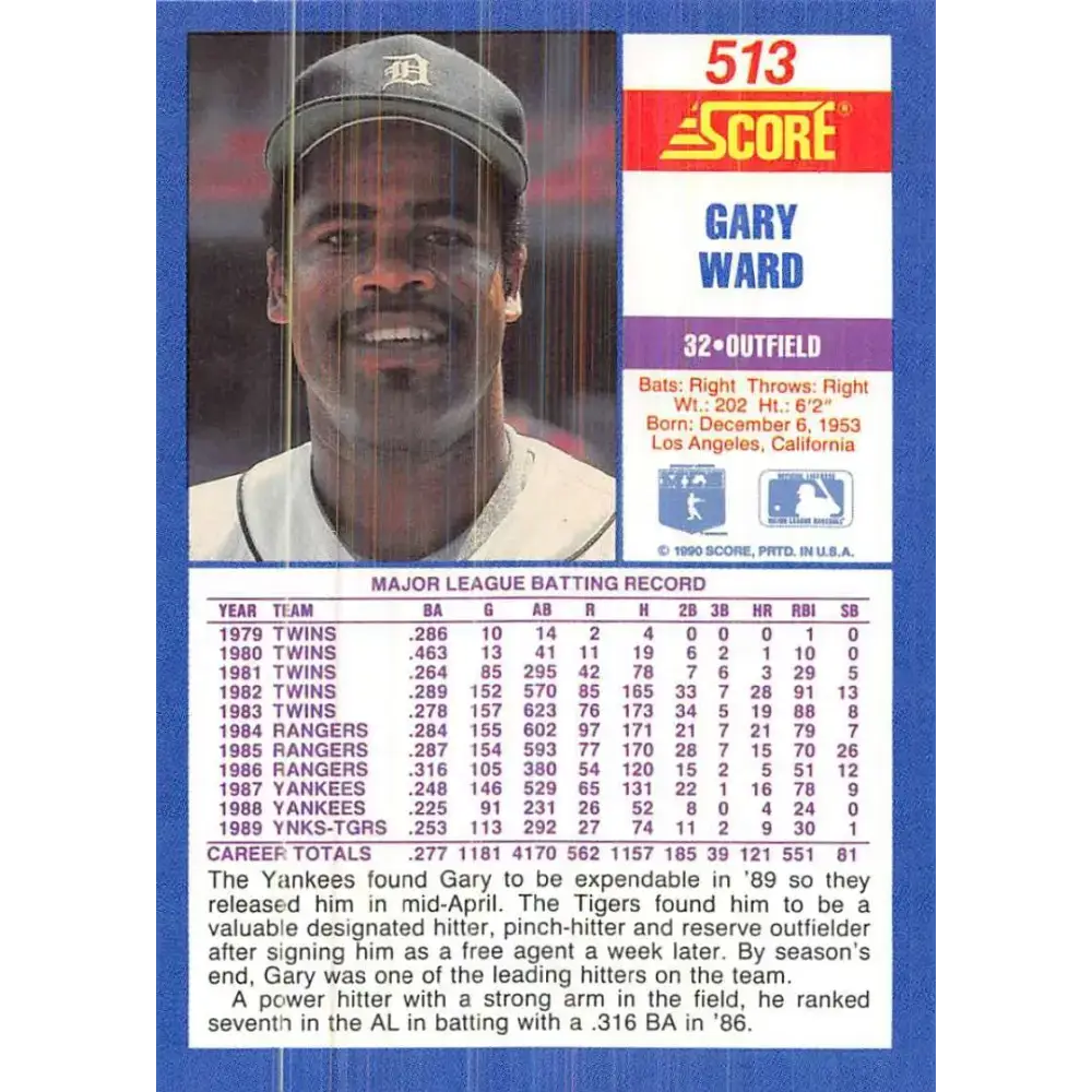 1990 Score #513 Gary Ward NM-MT Detroit Tigers Baseball Card - Baseball Card Single