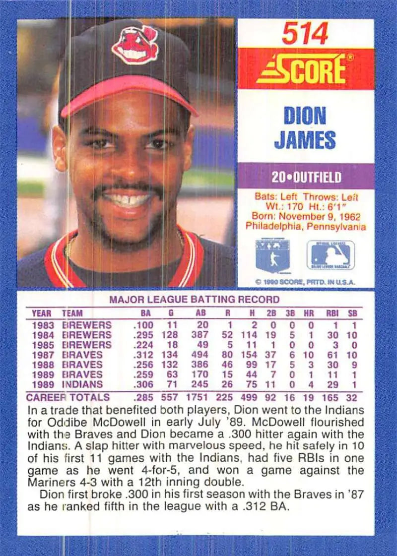 1990 Score #514 Dion James EX Excellent Cleveland Indians Baseball Card - Baseball Card Single