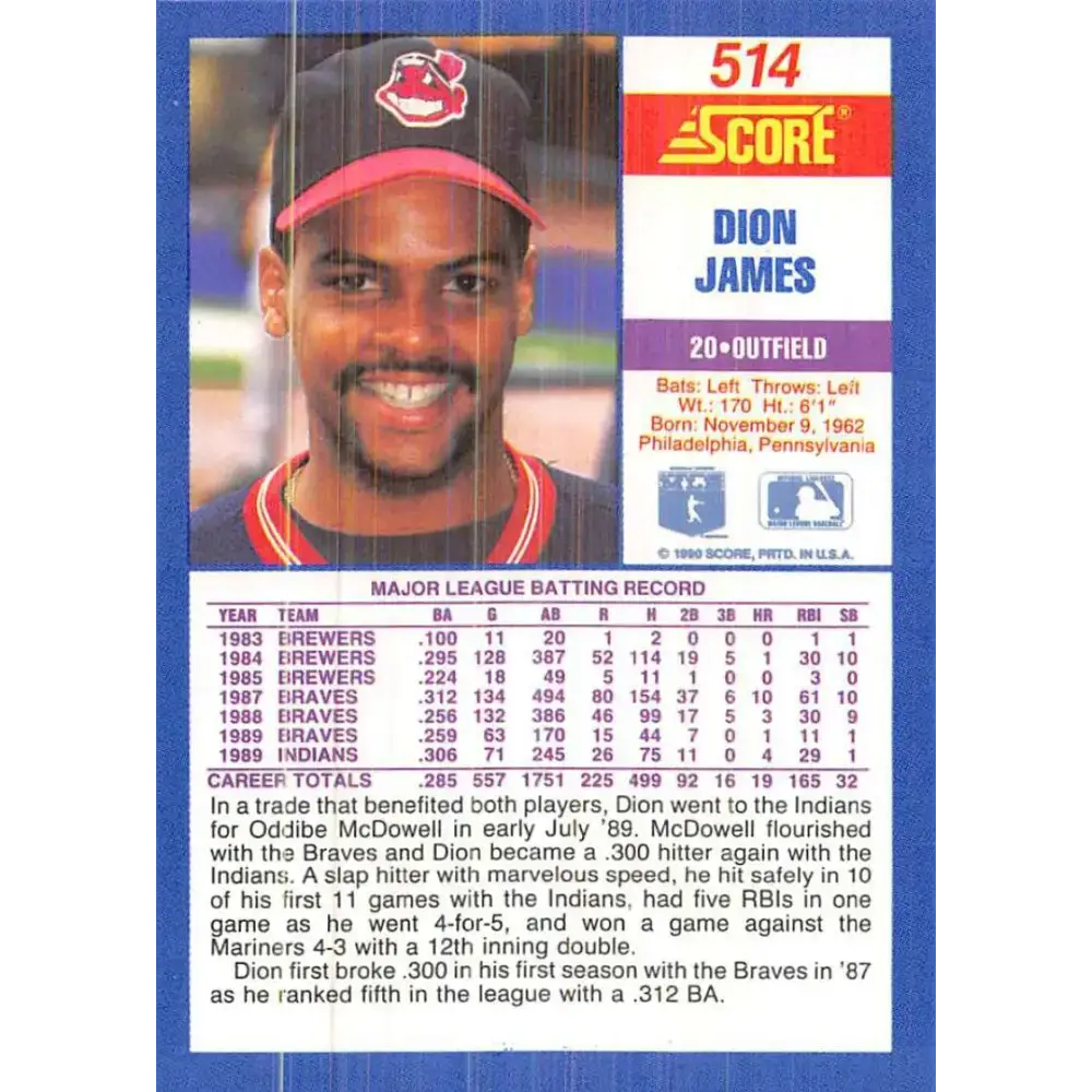 1990 Score #514 Dion James NM-MT Cleveland Indians Baseball Card - Baseball Card Single