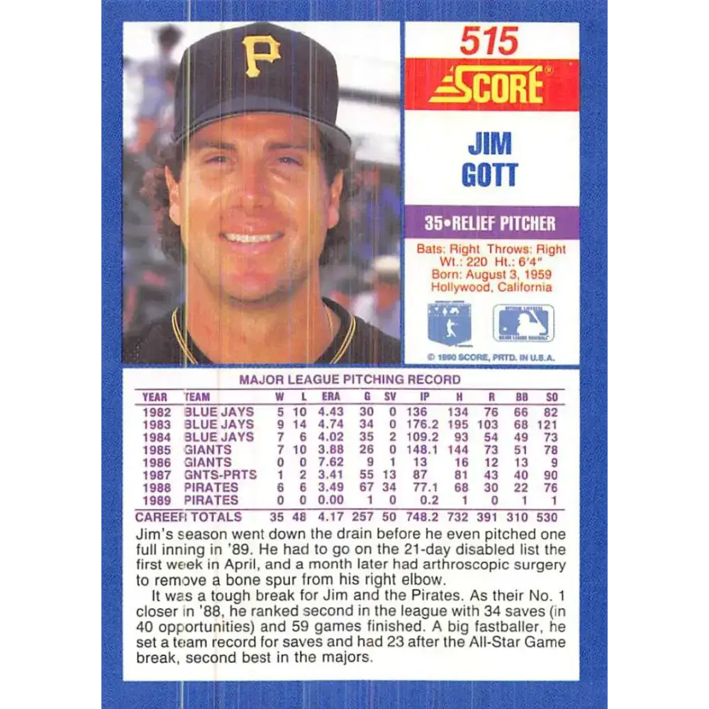 1990 Score #515 Jim Gott NM-MT Pittsburgh Pirates Baseball Card - Baseball Card Single