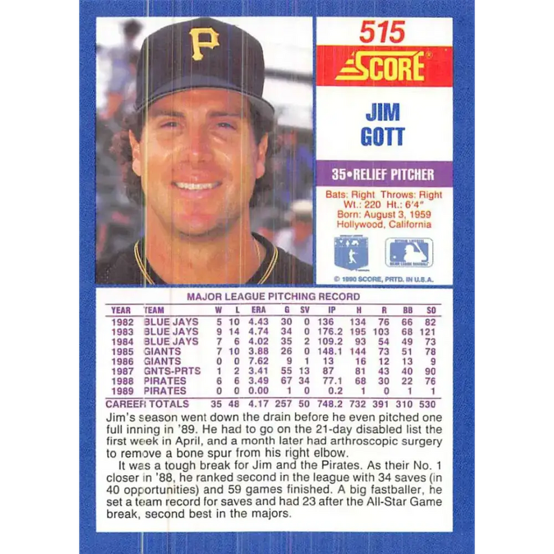 1990 Score #515 Jim Gott NM-MT Pittsburgh Pirates Baseball Card - Baseball Card Single
