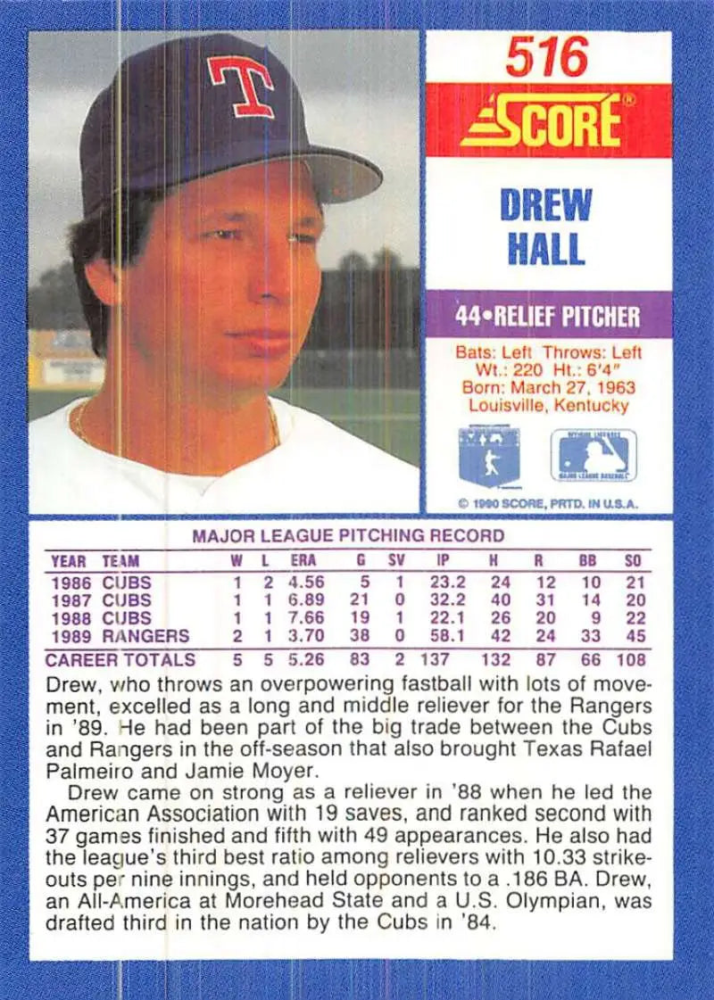 1990 Score #516 Drew Hall EX Excellent Texas Rangers Baseball Card - Baseball Card Single