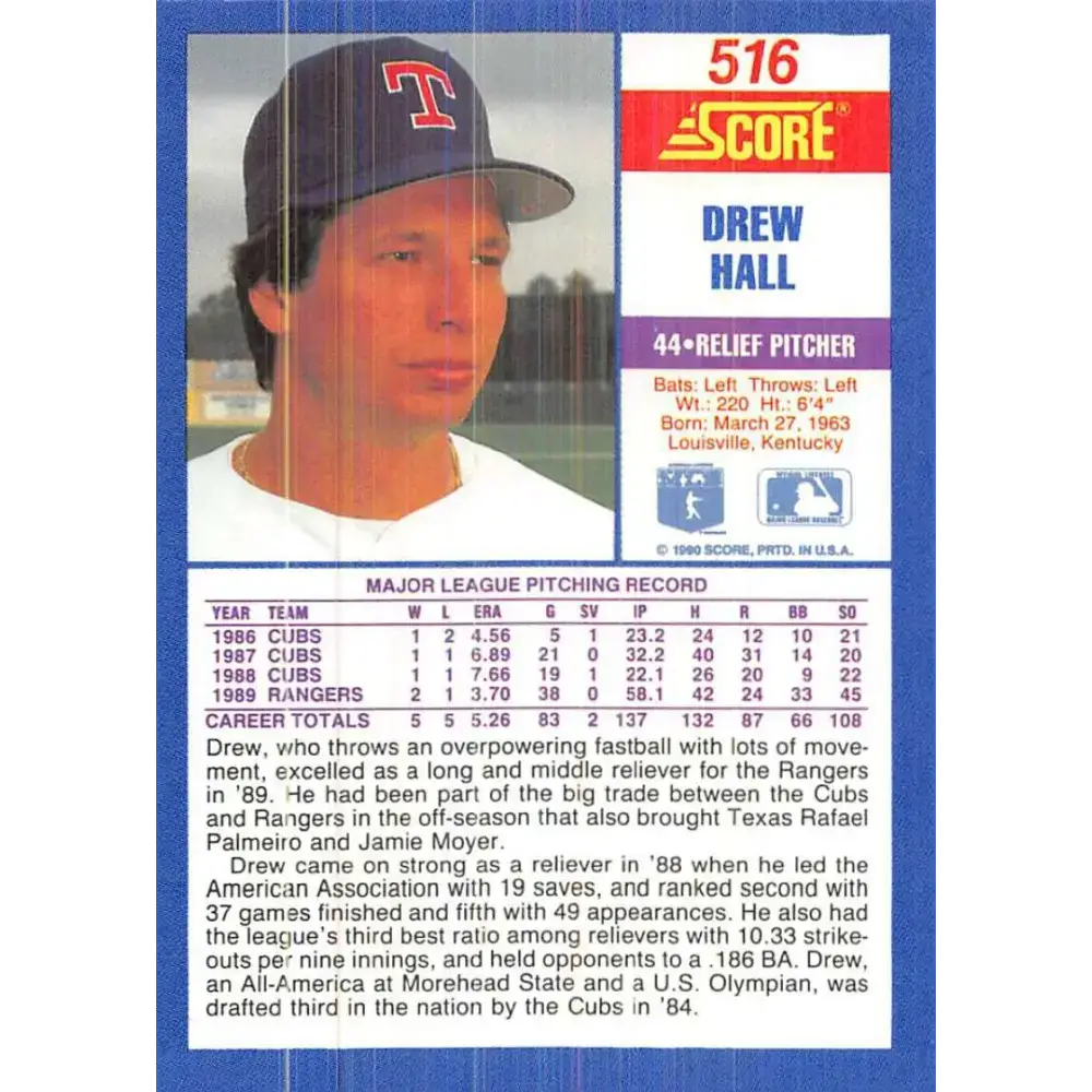 1990 Score #516 Drew Hall NM-MT Texas Rangers Baseball Card - Baseball Card Single