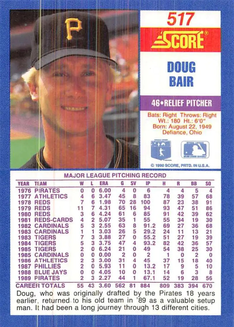 1990 Score #517 Doug Bair EX Excellent Pittsburgh Pirates Baseball Card - Baseball Card Single