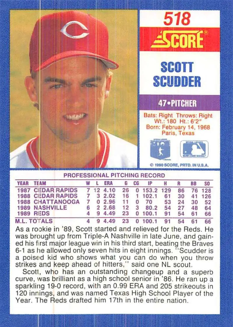 1990 Score #518 Scott Scudder EX Excellent Cincinnati Reds Baseball Card - Baseball Card Single