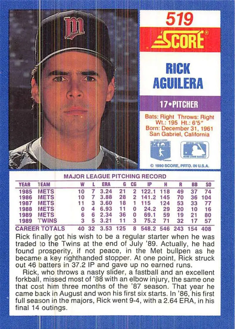 1990 Score #519 Rick Aguilera EX Excellent Minnesota Twins Baseball Card - Baseball Card Single