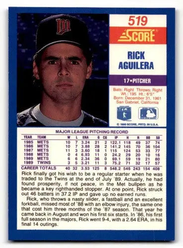 Original gloss Rick Aguilera baseball card from 1990 Score #519 displayed for Simply Sandoval