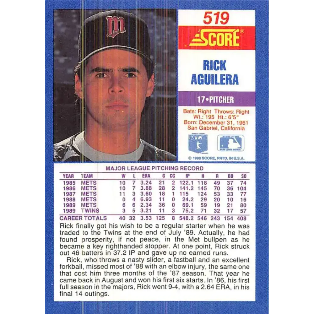 1990 Score #519 Rick Aguilera NM-MT Minnesota Twins Baseball Card - Baseball Card Single