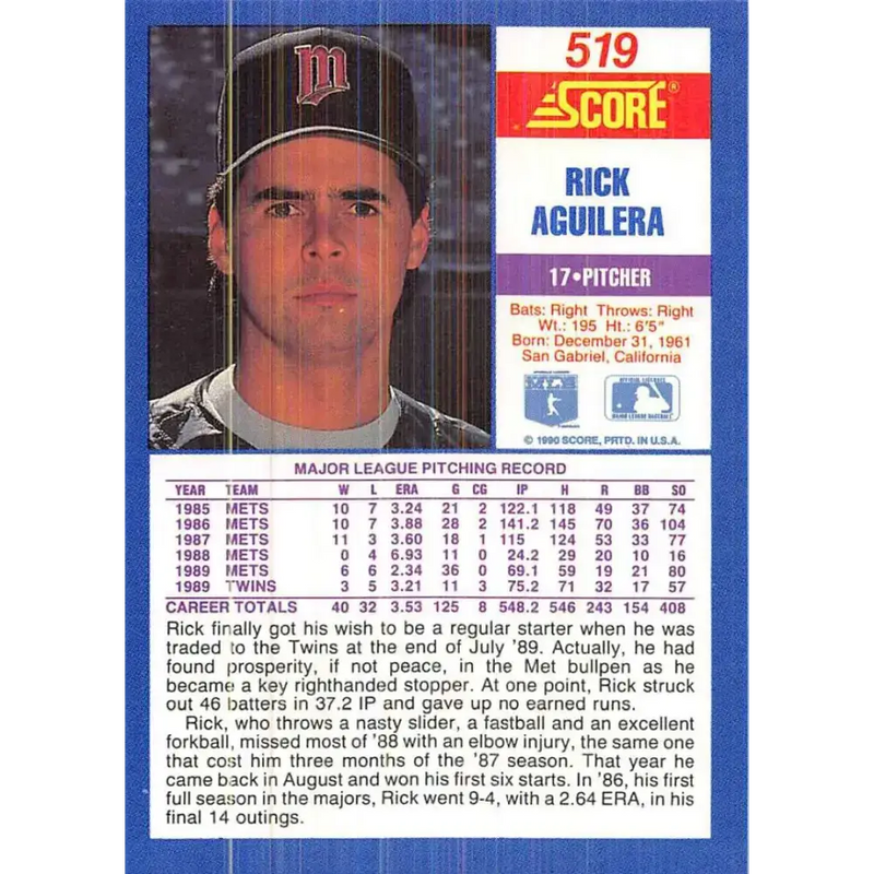 1990 Score #519 Rick Aguilera NM-MT Minnesota Twins Baseball Card - Baseball Card Single