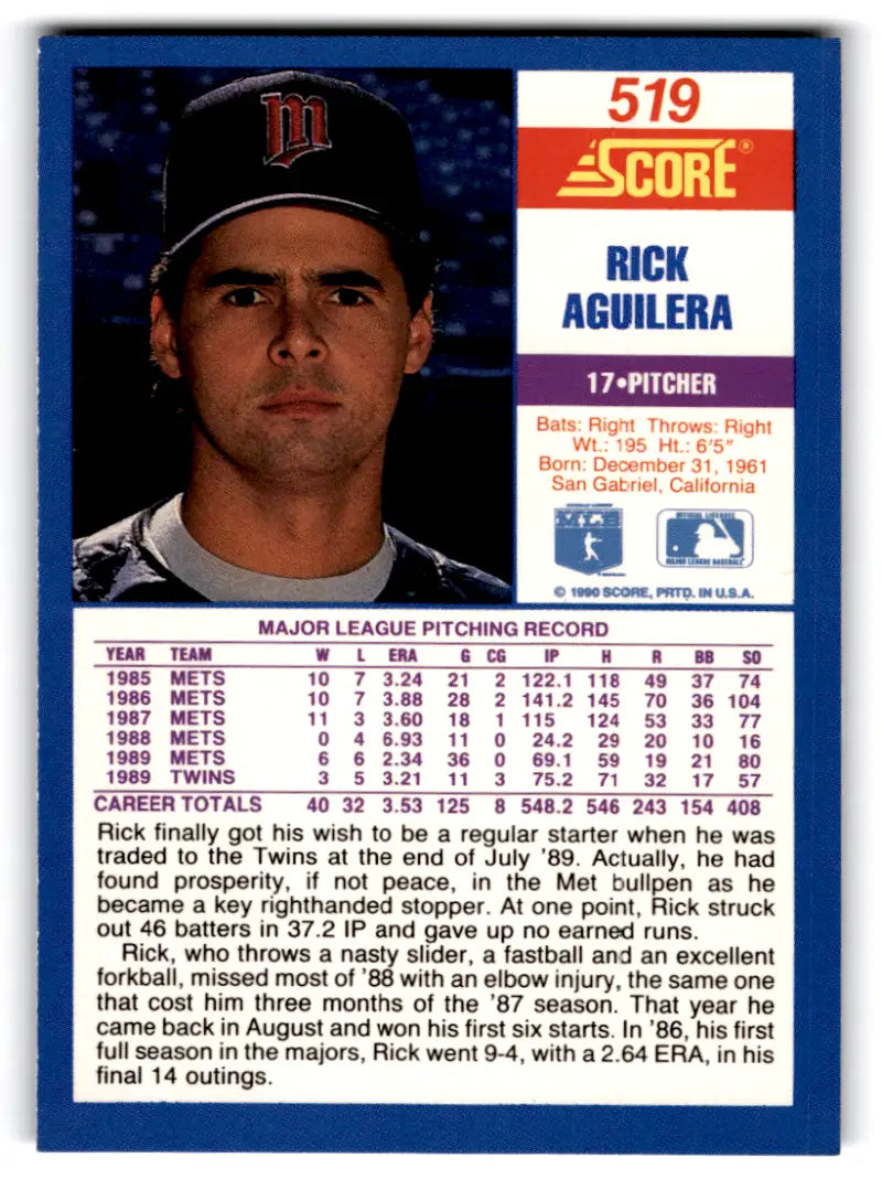 1990 Score #519 Rick Aguilera NM-MT Twins ID:70042 - Baseball Card Single