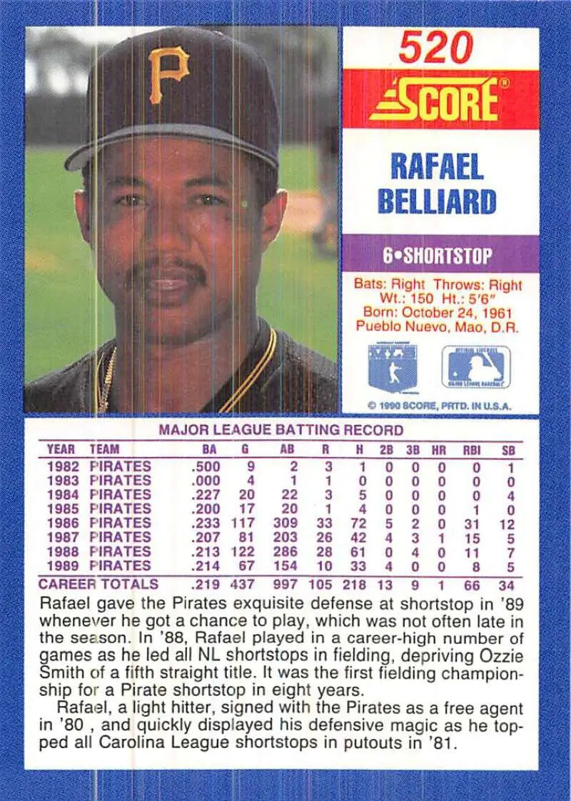 1990 Score #520 Rafael Belliard EX Excellent Pittsburgh Pirates Baseball Card - Baseball Card Single