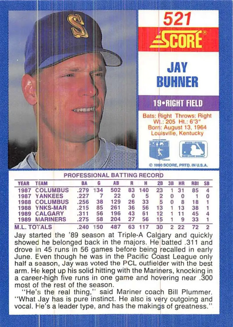1990 Score #521 Jay Buhner EX Excellent Seattle Mariners Baseball Card - Baseball Card Single