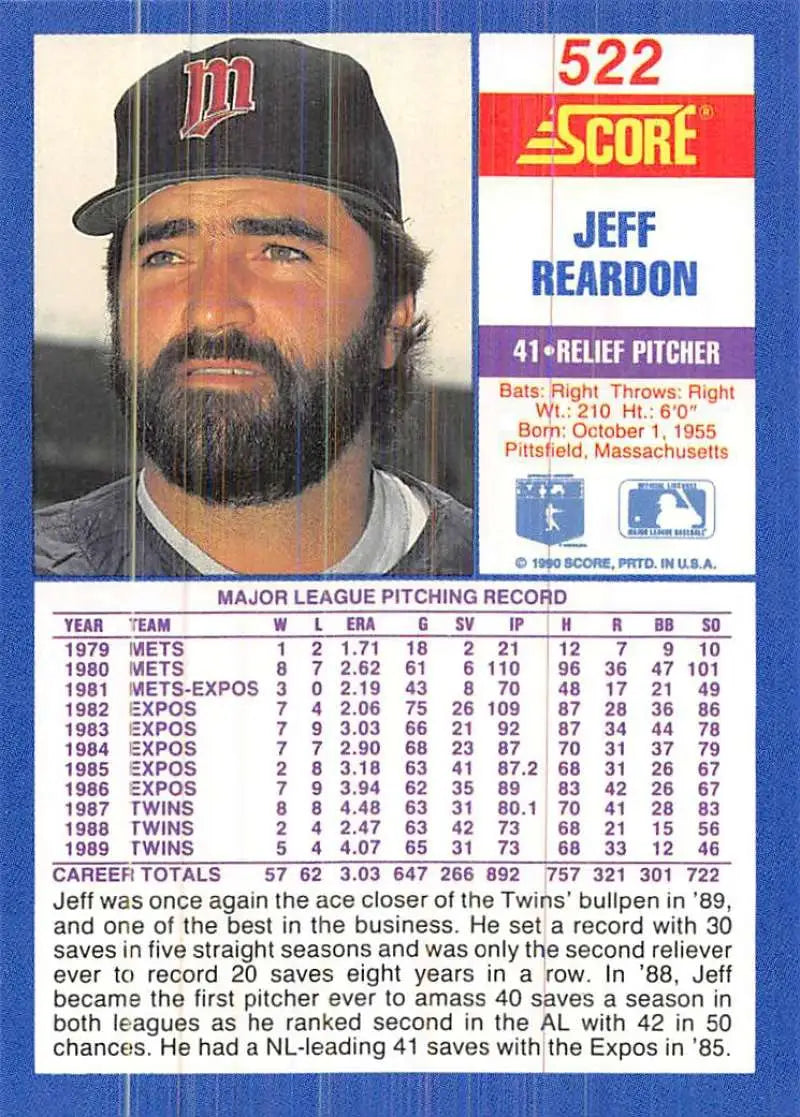 1990 Score #522 Jeff Reardon EX Excellent Minnesota Twins Baseball Card - Baseball Card Single