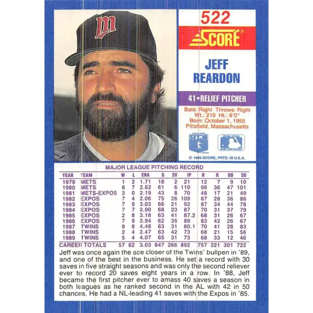 1990 Score #522 Jeff Reardon NM-MT Minnesota Twins Baseball Card - Baseball Card Single