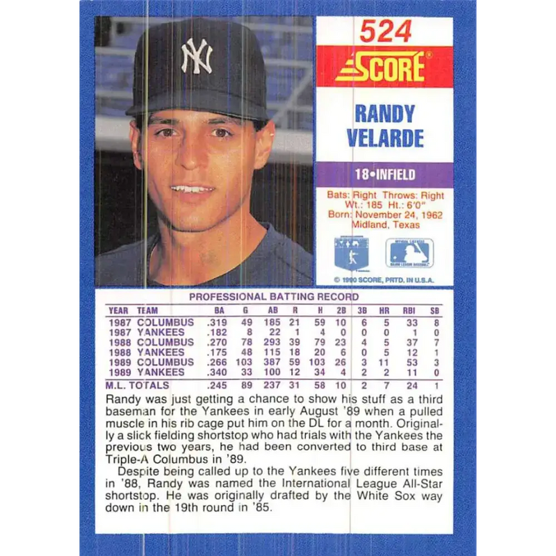 1990 Score #524 Randy Velarde NM-MT New York Yankees Baseball Card - Baseball Card Single