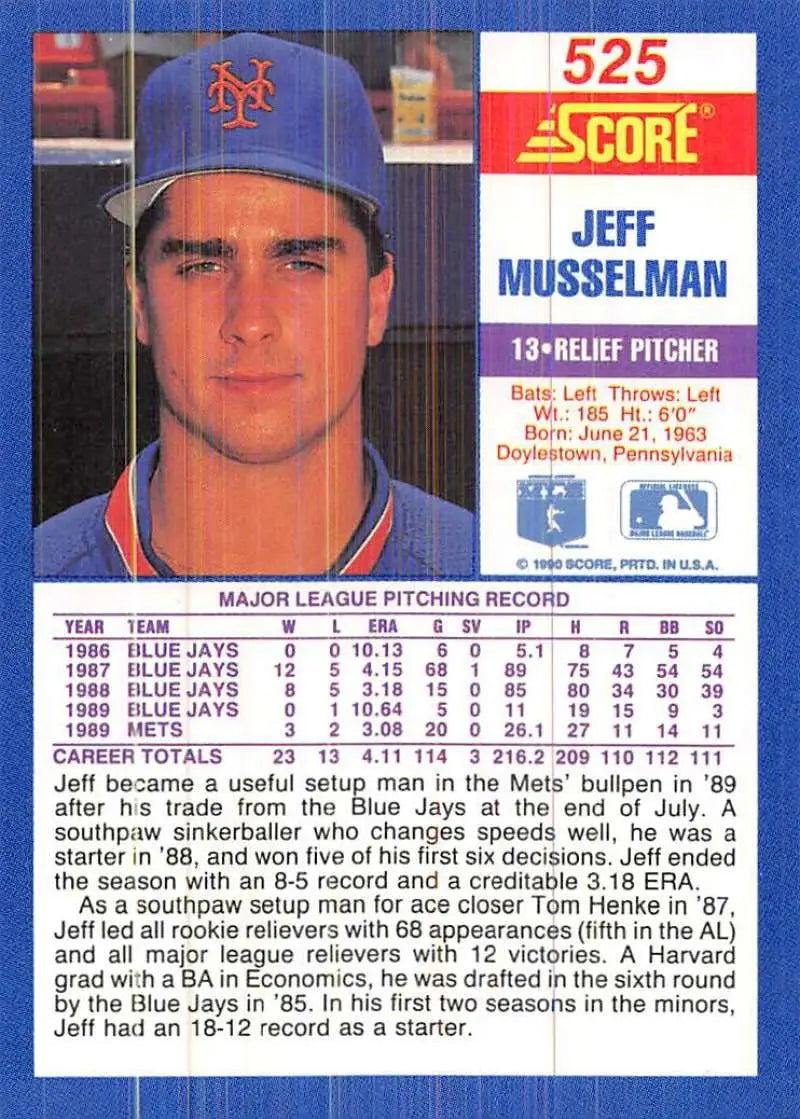 1990 Score #525 Jeff Musselman EX Excellent New York Mets Baseball Card - Baseball Card Single