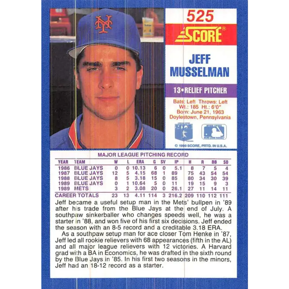 1990 Score #525 Jeff Musselman NM-MT New York Mets Baseball Card - Baseball Card Single