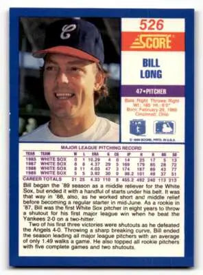 Original gloss of 1990 Score Bill Long baseball card featuring Simply Sandoval cards typically sell