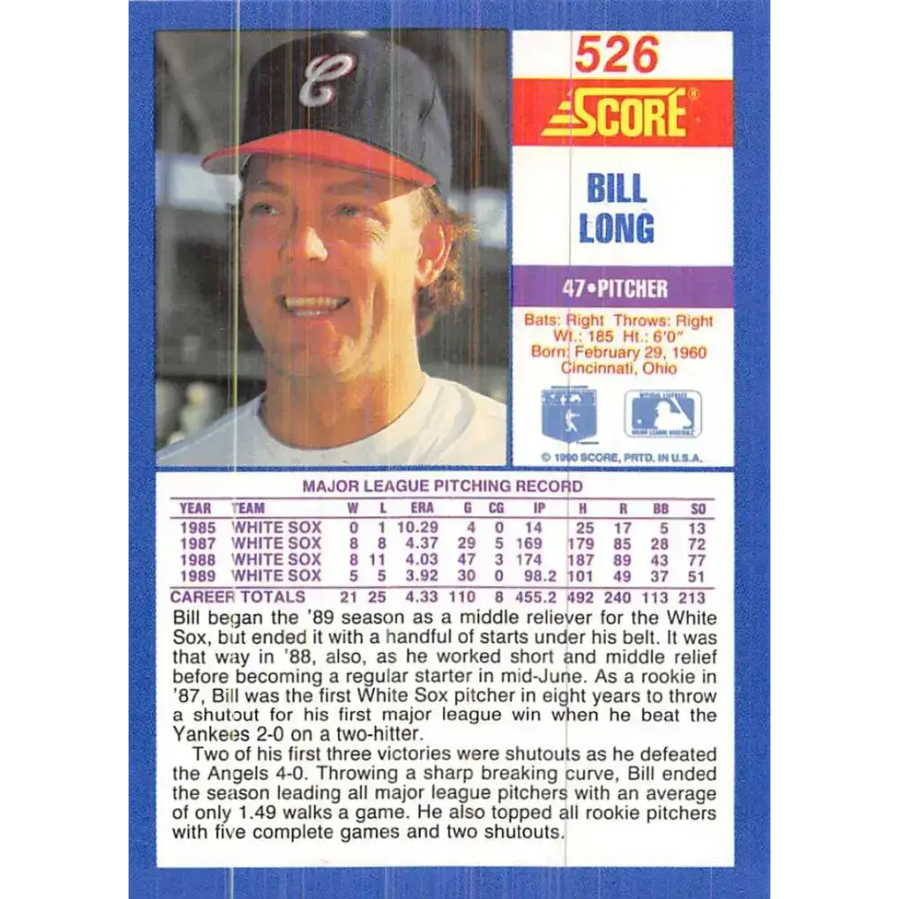 1990 Score #526 Bill Long NM-MT Chicago White Sox Baseball Card - Baseball Card Single