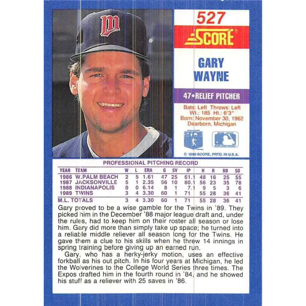 1990 Score #527 Gary Wayne NM-MT Minnesota Twins Baseball Card - Baseball Card Single