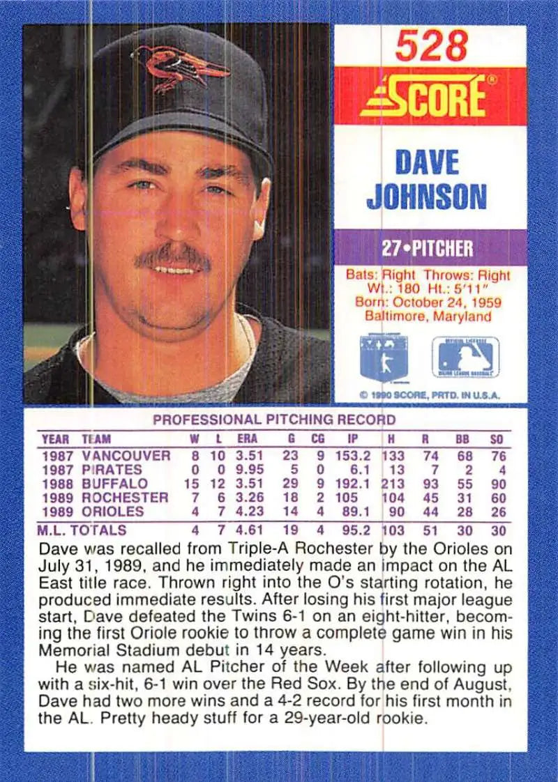 1990 Score #528 Dave Johnson EX Excellent RC Rookie Baltimore Orioles Baseball Card - Baseball Card Single