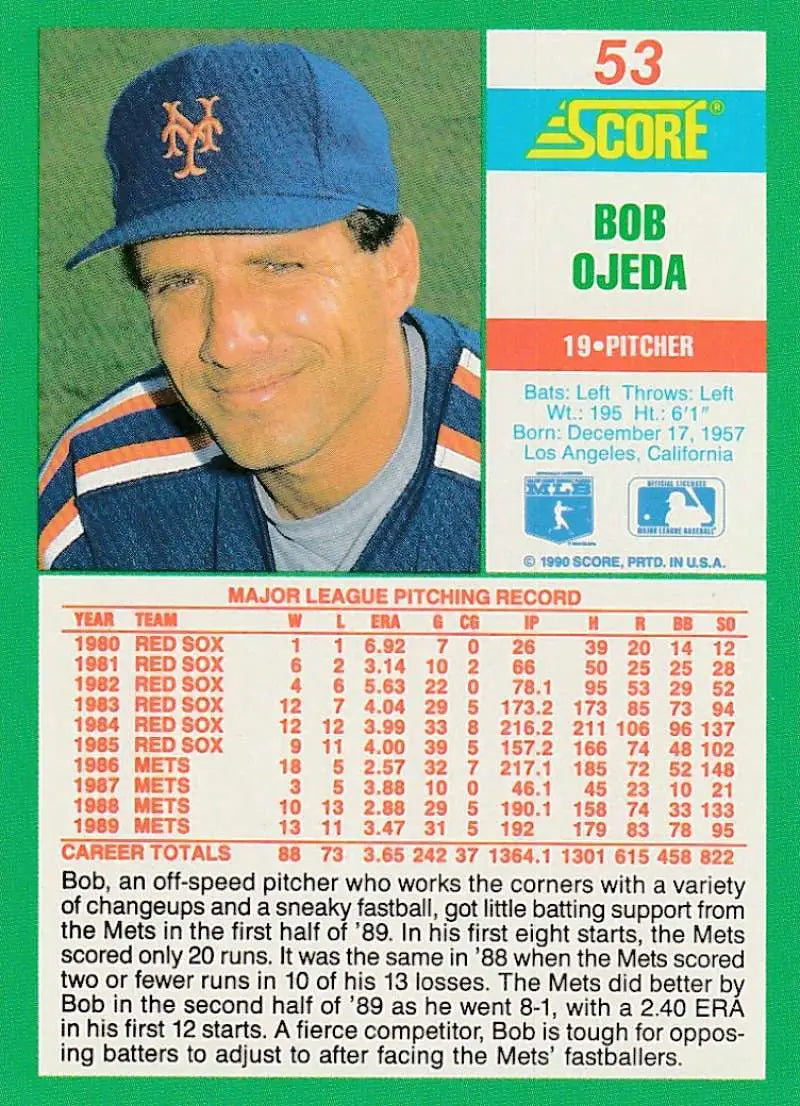1990 Score #53 Bob Ojeda EX Excellent New York Mets Baseball Card - Baseball Card Single