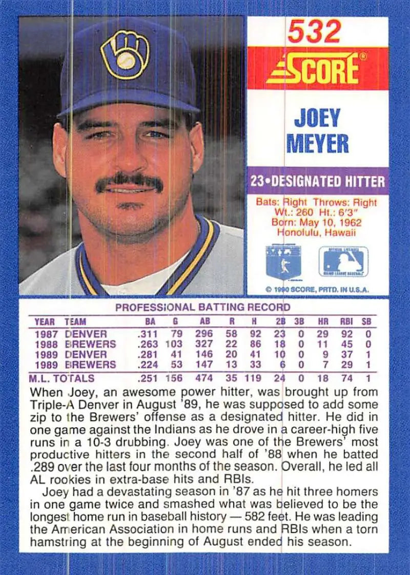 1990 Score #532 Joey Meyer EX Excellent Milwaukee Brewers Baseball Card - Baseball Card Single
