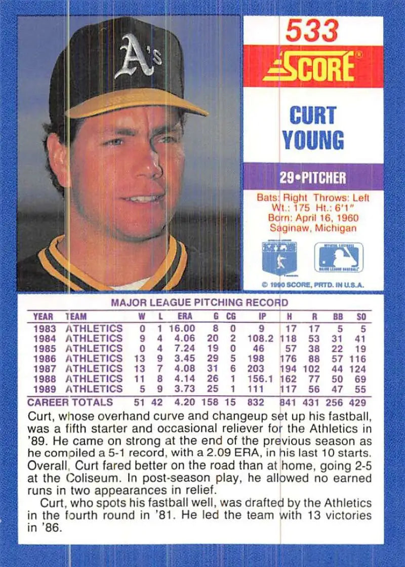 1990 Score #533 Curt Young EX Excellent Oakland Athletics Baseball Card - Baseball Card Single