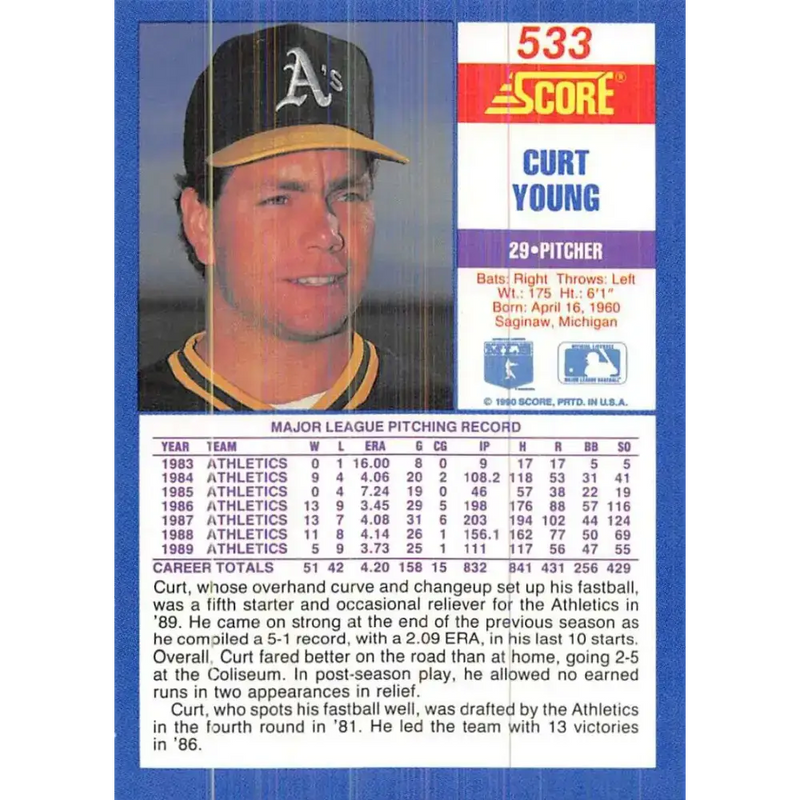 1990 Score #533 Curt Young NM-MT Oakland Athletics Baseball Card - Baseball Card Single