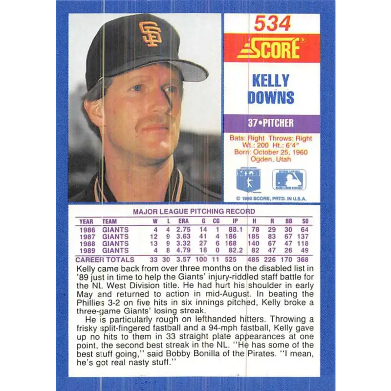 1990 Score #534 Kelly Downs NM-MT San Francisco Giants Baseball Card - Baseball Card Single