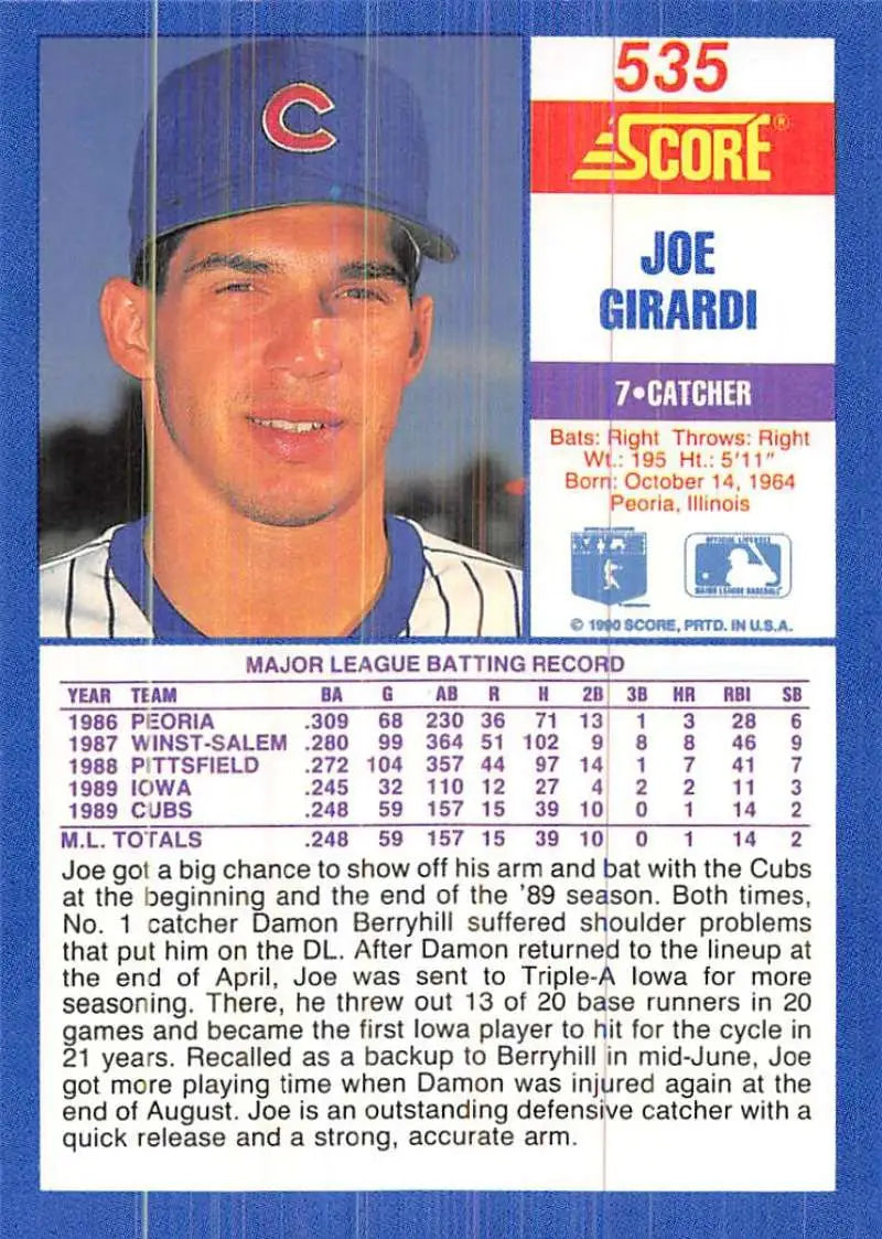 1990 Score #535 Joe Girardi EX Excellent Chicago Cubs Baseball Card - Baseball Card Single