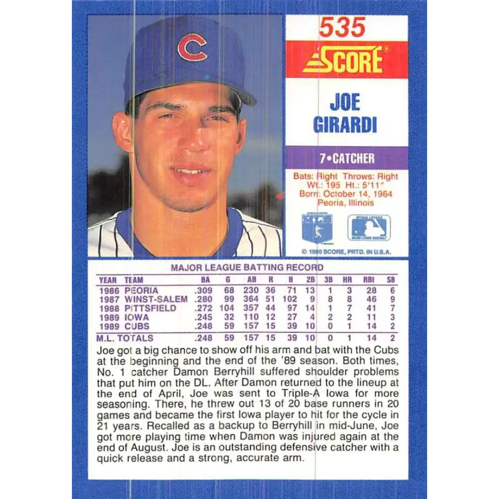 1990 Score #535 Joe Girardi NM-MT Chicago Cubs Baseball Card - Baseball Card Single