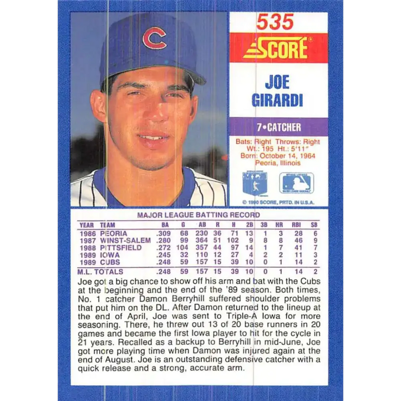 1990 Score #535 Joe Girardi NM-MT Chicago Cubs Baseball Card - Baseball Card Single
