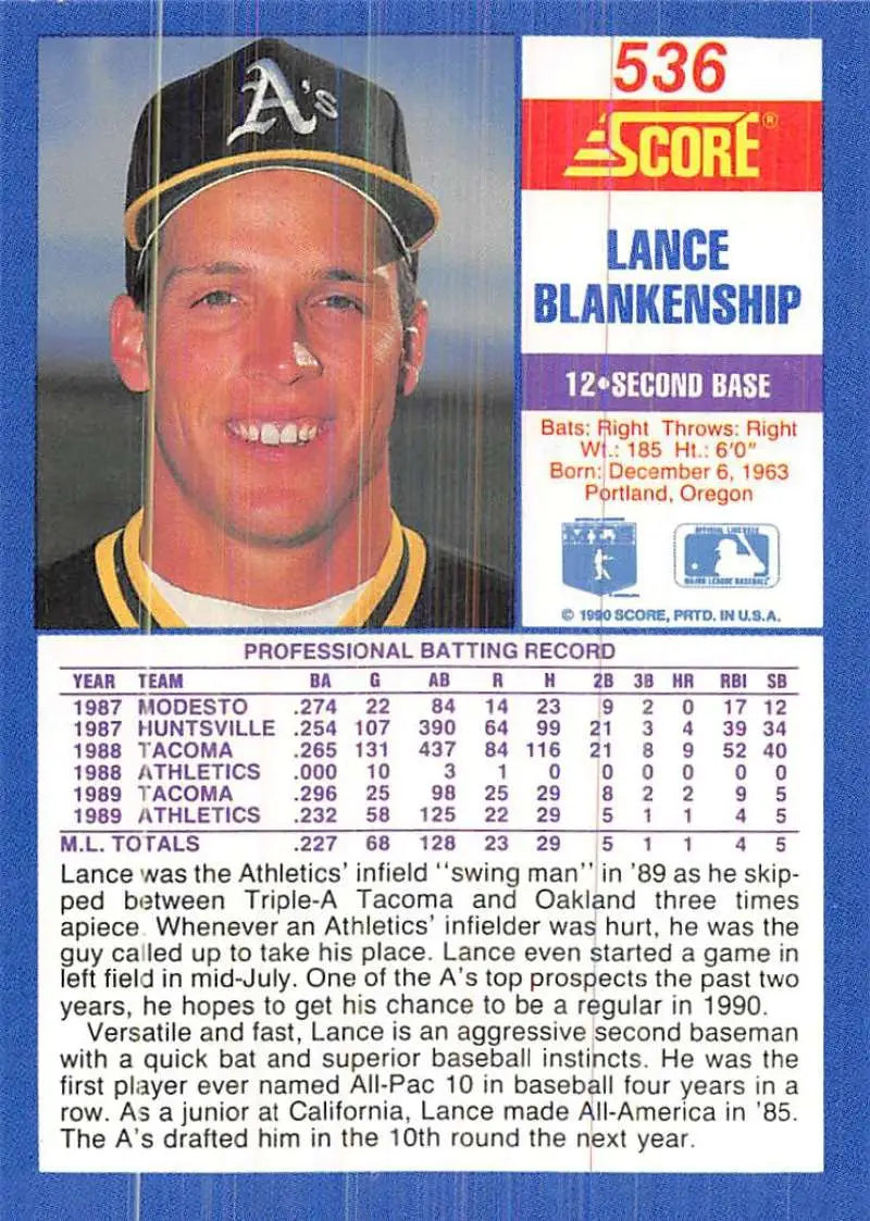 1990 Score #536 Lance Blankenship EX Excellent Oakland Athletics Baseball Card - Baseball Card Single