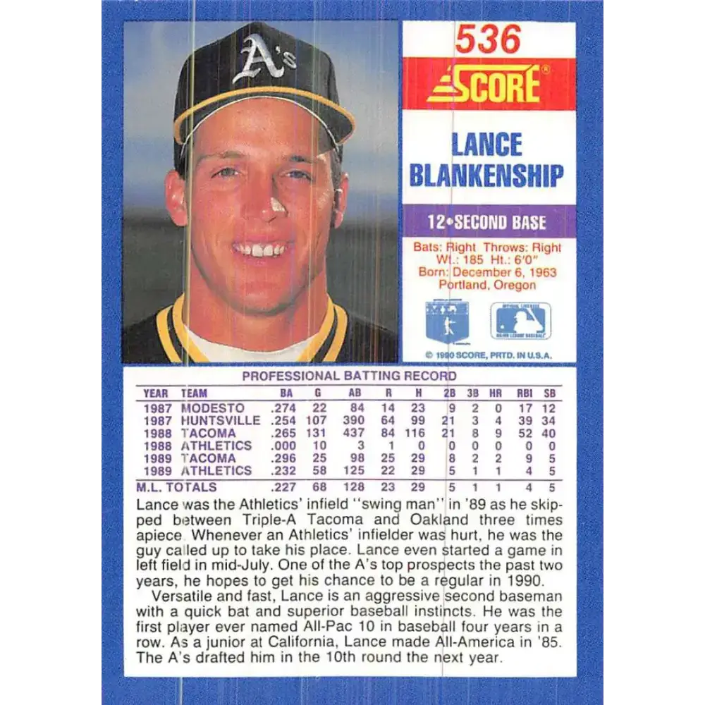 1990 Score #536 Lance Blankenship NM-MT Oakland Athletics Baseball Card - Baseball Card Single