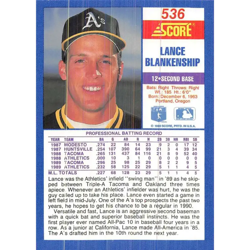 1990 Score #536 Lance Blankenship NM-MT Oakland Athletics Baseball Card - Baseball Card Single