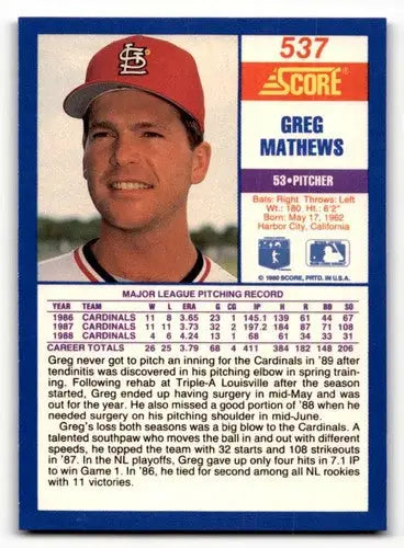 1990 Score #537 Greg Mathews ID:46957 - Baseball Card Single