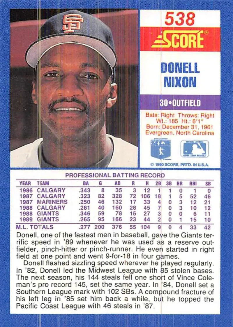 1990 Score #538 Donell Nixon EX Excellent San Francisco Giants Baseball Card - Baseball Card Single