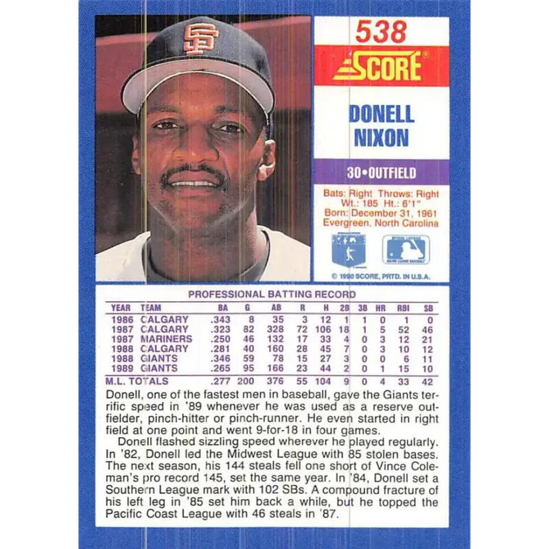 1990 Score #538 Donell Nixon NM-MT San Francisco Giants Baseball Card - Baseball Card Single