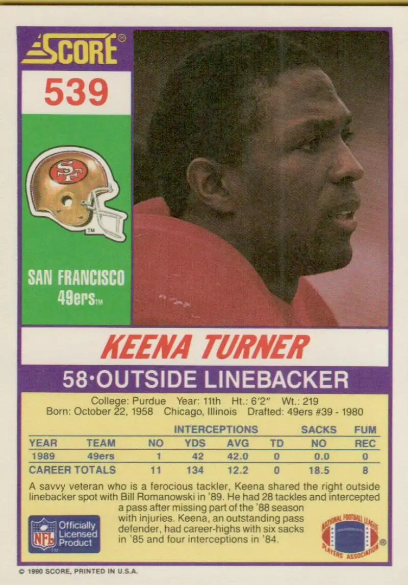 1990 Score #539 Keena Turner NM-MT San Francisco 49ers Football Card - Football Card Single