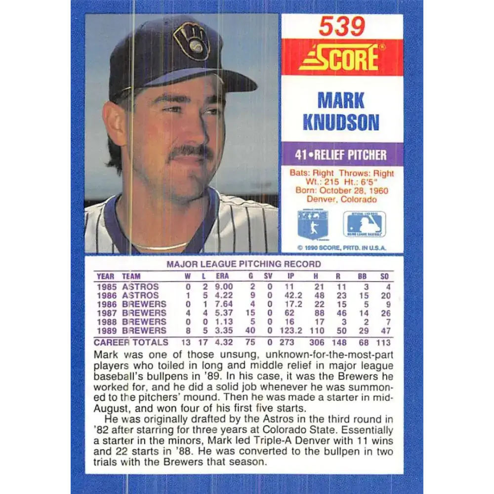 1990 Score #539 Mark Knudson NM-MT Milwaukee Brewers Baseball Card - Baseball Card Single