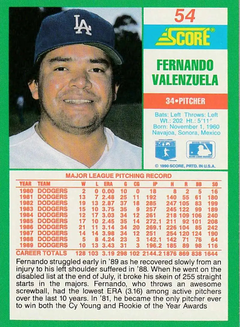 1990 Score #54 Fernando Valenzuela EX Excellent Los Angeles Dodgers Baseball Card - Baseball Card Single