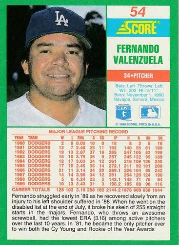 1990 Score #54 Fernando Valenzuela NM-MT Dodgers ID:12484 ID:12484 - Baseball Card Single