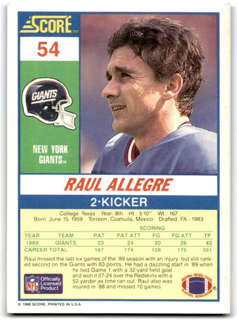 1990 Score #54 Raul Allegre NM-MT New York Giants Football Card - Football Card Single