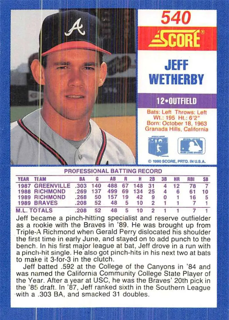 1990 Score #540 Jeff Wetherby EX Excellent RC Rookie Atlanta Braves Baseball Card - Baseball Card Single