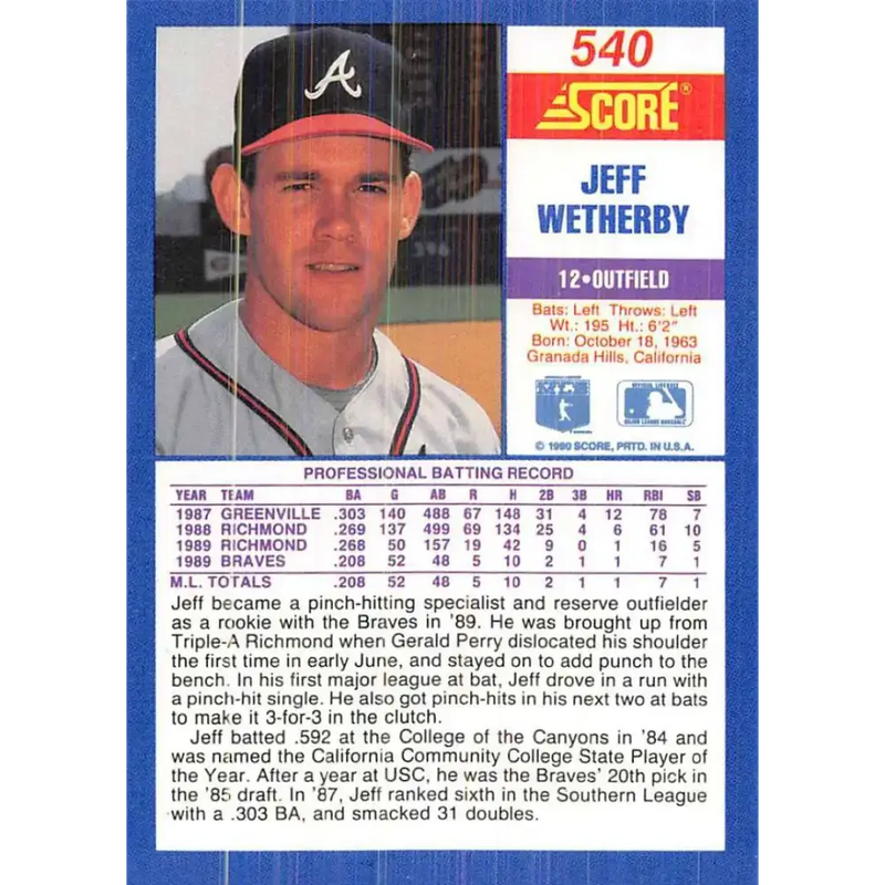 1990 Score #540 Jeff Wetherby NM-MT RC Rookie Atlanta Braves Baseball Card - Baseball Card Single
